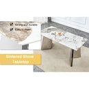 Table and chair set.63'x31.5x30' Luxurious Pandora patterned Sintered Stone Tabletop with Silver Stainless Steel Legs.Paried With 4 White PU Chairs with a vertical stripe design on the backrest.
