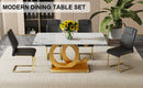 Table and chair set.Subtle Luxury Tempered Glass Dining Set - 63'x35.4' with 4 Black PU Chairs with golden C-tube metal leg.Arched Metal Gold Leg.White imitation marble texture sticker Tabletop.