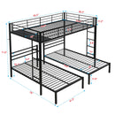 Modern Metal Triple Bunk Bed with Vertical Ladder, Safety Rail, and Storage Shelf in Black