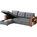 Upholstered Pull Out Sectional Sofa with Storage Chaise, Convertible Corner Couch, Light Grey-Wooden handrail