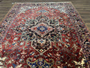 Antique Persian Heriz Rug 8x11, Geometric Tribal Wool Carpet, Brick Red