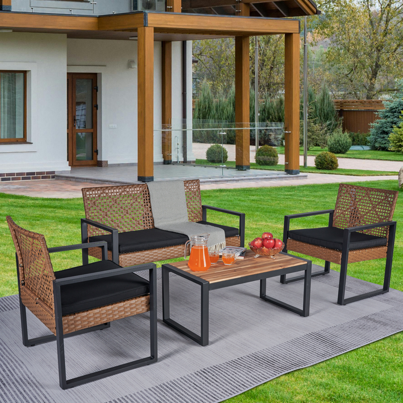 Walker Edison - 4-Piece Patio Furniture Set Outdoor Balcony Porch Garden Backyard Lawn Furniture Acacia Wood Table Top, Modern Black and Light Brown