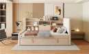 Twin Size Upholstered Daybed with Trundle, Storage Shelves, USB & Outlet (Beige)
