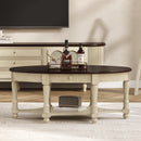 Vintage Oval Coffee Table with Drawer and Storage Shelf, Antique Cocktail Table in 45', French Country Accent Table for Living Room,Beige and Espresso