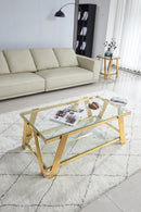Modern Stainless Steel Coffee Table Set (Set of 2), Double-Layer Clear Tempered Glass Table Top, Coffee Table & End Side Table 2-Pieces Sets for Living Room Home Office, Gold