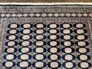 Pakistani Bokhara Rug 8x10, Turkoman Carpet, Dark Blue and Beige, Vintage Handmade Wool Carpet
