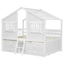 Full Size House Loft Bed with Roof, Windows,4 Storage Drawers,Pine Wooden Bed with Safety Guardrails,Ladder,White