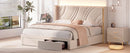 Modern Upholstered LED Bed Frame with Storage Drawers, Velvet Platform Bed, Wingback Headboard, RGB Light, Beige