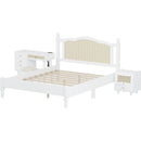 3 Pieces Bedroom Set with Queen Size Wooden Bed Frame, 1 Vintage  Nightstand and 1 Makeup Vanity Set with Stool,White