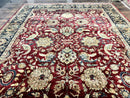 Indo Persian Rug 10x14, Indian Agra Carpet, Vintage Handmade Wool Large Traditional Rug, Dark Red Navy Blue Beige