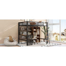 Full Size Metal Loft bed with Built-in Desk, Wardrobeand Shelves, Black(ETA:1.23)