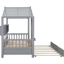 Wooden Twin Size House Bed With Trundle, Modern Design for Kids with Storage Shlef, Gray