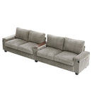 Modern 4-Seater Corduroy Sofa Couch with USB Ports, Hidden Storage Arms, and Flip-Top Cup Holders, Brown, 133 Inches