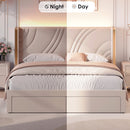Modern Upholstered LED Bed Frame with Storage Drawers, Velvet Platform Bed, Wingback Headboard, RGB Light, Beige