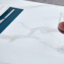 Table and chair set.Large modern rectangular table with 0.4 inch patterned glass tabletop and large MDF table legs.Comes with 8 chairs with faux leather cushioned seats and golden metal legs.