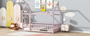 Twin Size House Floor Wooden Bed with Roof Frame,Safety Guardrails,Pink
