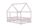 Full Size House Floor Wooden Bed with Roof Frame, Safety Guardrails,Pink