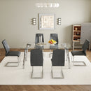 Table and chair set.71 * 35.4 inch rectangular dining table.Tempered Glass Tabletop,Silver 7-shaped Metal Table Legs.Paried With 6 Dark Gray High-quality PU Chairs With Arched Metal Legs.