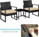 3 Piece Rattan Bistro Set Outdoor Furniture With 2 Chairs And Tempered Glass Coffee Table Black And Khaki