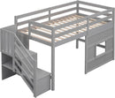 Twin Size Low Loft Bed In Gray With Stairs Storage