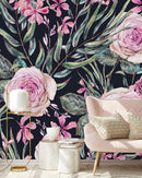 Elegant Dark Wallpaper with Pink Flowers Contemporary