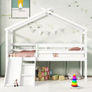 Low Loft House Bed With Slide, Ladder, Safety Guardrails, House Roof Frame
