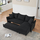 This 80-inch black corduroy L-shaped sofa comes with two small throw pillows that can be converted into a sofa bed for storage