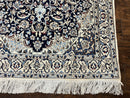 Persian Nain Rug 4x6, Floral, Hand Knotted Vintage Wool & Silk Highlights, Signature from Masterweaver, Navy Blue and Ivory