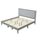 Mid-Century Solid Wood Platform Bed with Upholstered Headboard in Grey Fabric, King Size