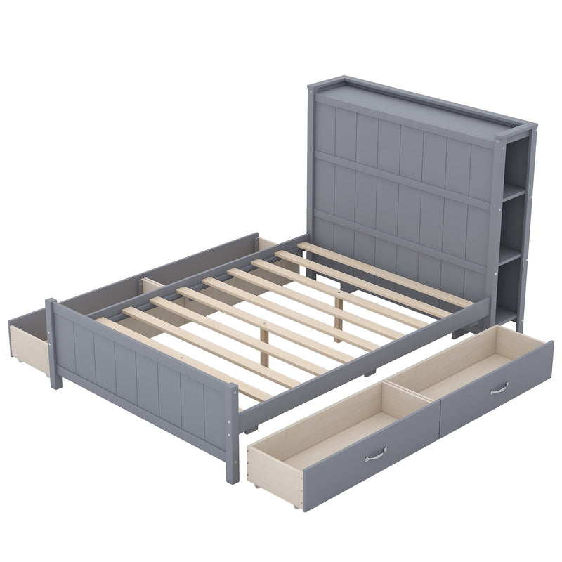 Full Size Platform Bed with Drawers and Storage Shelves, Gray