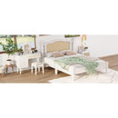 3 Pieces Bedroom Set with Queen Size Wooden Bed Frame, 1 Vintage  Nightstand and 1 Makeup Vanity Set with Stool,White