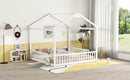 Double Twin House-Style Floor Bed with Fence, Guardrails, without door, White(Old Sku:W504P143317)