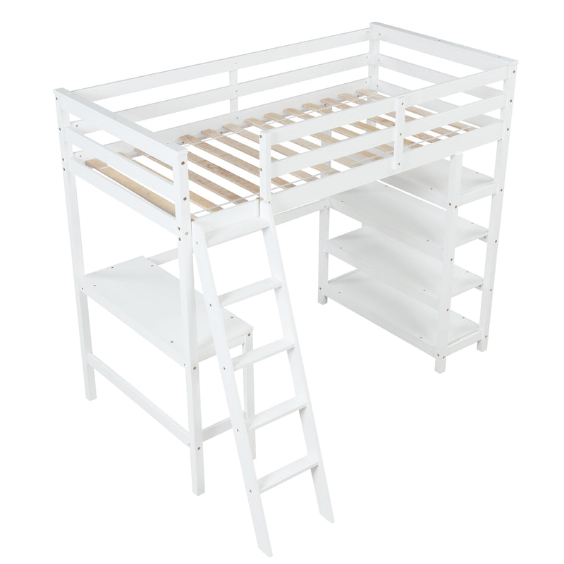 Twin Loft Bed with desk, ladder, shelves, White