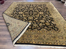 Indo Persian Rug 8x10, Black and Green, Wool, Handmade, Traditional, Floral Allover, Vintage