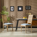 Set of 2 French Country Dining Chairs with Elegant Cane Backrest & Upholstered Seats in Slate Blue, Solid Rubberwood Frame