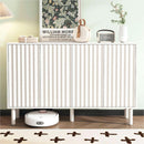 ON-TREND Minimalist Shoe Cabinet with 5 Solid Wood Legs, Cream Style Sideboard Buffet Cabinet with Fluted Doors, Large 4-Door Storage Cabinet with Adjustable Shelves for Living Room, White, 55.1*13.7'
