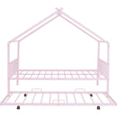 Full Size Metal House Bed with Twin Size Trundle, Pink