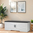 2 Tier Shoe Bench with Padded Seat, 2 Barn Doors and Adjustable Shelves, for Entryway and Living Room, White MDF