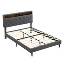 Modern Upholstered King-Size Platform Bed Frame with Button-Tufted Linen Headboard and USB Ports, Dark Grey