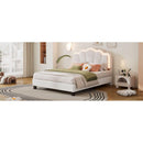 Full Size Upholstered Flower-Shape Bed, Elegant Flowers Headboard with LED Light Strip, Sherpa Fabric Platform Bed with Wooden Slats Support, White