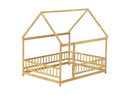 Full Size House Floor Wooden Bed with Roof Frame, Safety Guardrails,Natural