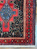 Persian Kurdish Senneh Runner Rug 3x9, Red Navy Blue, Medallions Wool Tribal Runner for Kitchen/Hallway 9ft Antique Handmade Oriental Runner