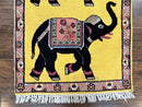Unique Indian Pictorial Rug 2x3, Small Wool Hand Knotted Oriental Carpet, Yellow, Two Elephants, Handmade