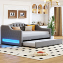 Upholstered Full XL Size Daybed with LED Belt and Trundle, Gray, Linen, 84'' x 41.5'' x 27''