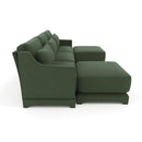Elegant Three-Seater Sofa with Movable Ottomans and Lumbar Pillow in Green Chenille Fabric