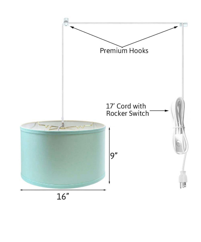 1 Light Swag Plug-In Pendant 16"w Island Paradise Linen Drum Shade, 17' White Cord