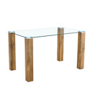 A 49.6 * 30 Inch Transparent Tempered Glass Dining Table With Rectangular Wood Color MDF Wood Grain Legs, Combining Simplicity And Quality.Can Easily Blend Into Various Decoration Styles.