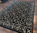 Tibetan Rug 8x10, Wool and Silk, Raised Pattern, Black and Gold, Floral