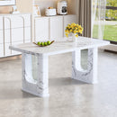 Stylish Marble Textured Dining Table with White MDF Finish and Glass Elements, 64.5 x 35.4 Inch