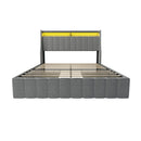 Queen Size Bed Frame With LED Lighting, Winged Headboard With Storage Drawers - Light Gray